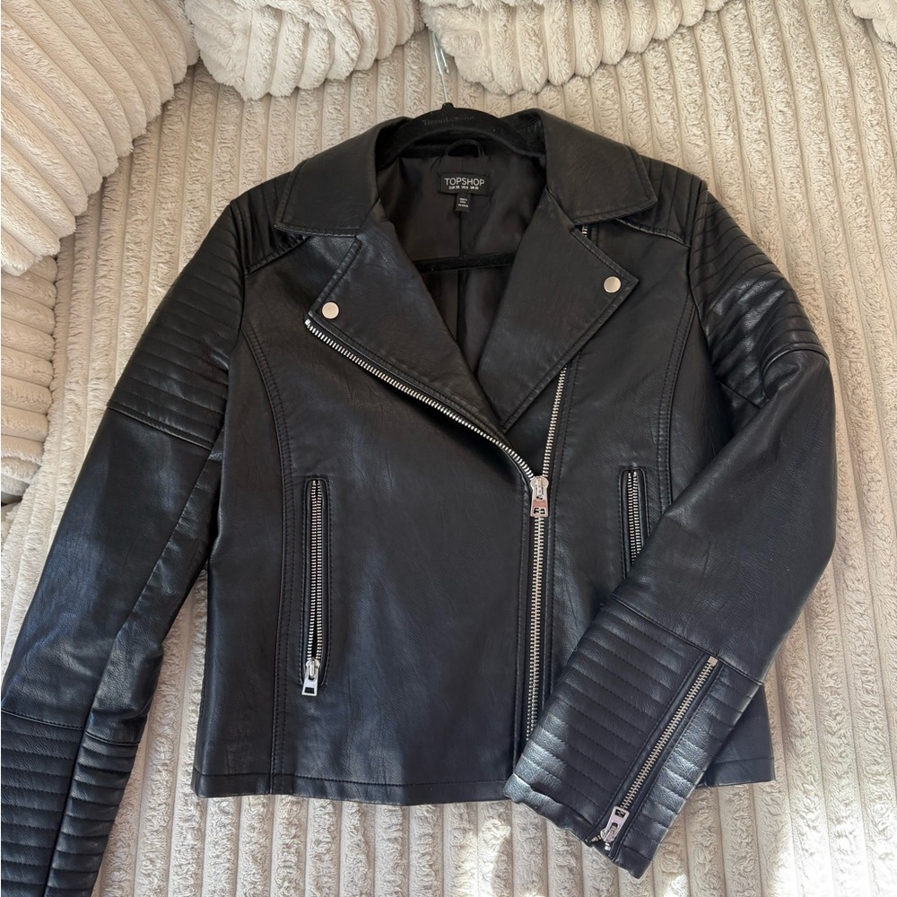 Topshop Black Leather Moto Jacket with Quilted Shoulders | US Size 6